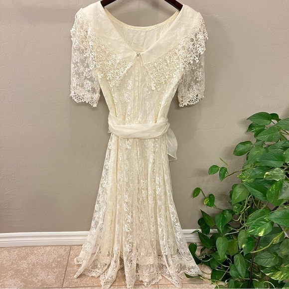 Scott McClintock Vintage lace ivory wedding dress organza silk crochet detail, S - Picture 12 of 17